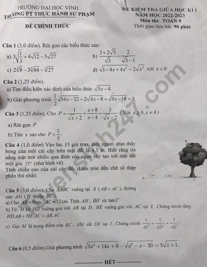 De giua ki 1 mon Toan 2022 lop 9 - PT Thuc hanh Su pham