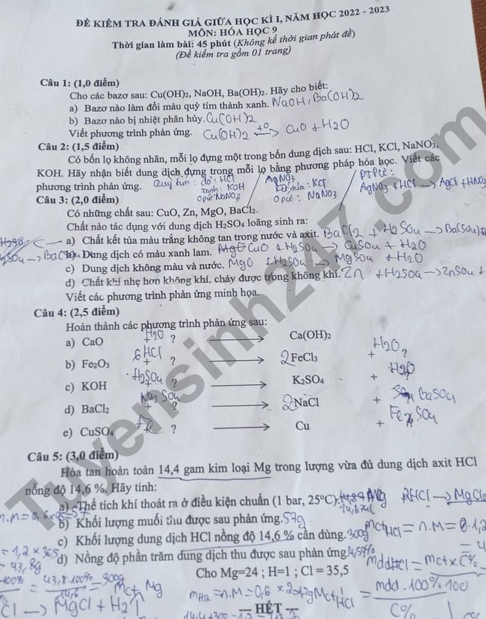De kiem tra giua ki 1 mon Hoa lop 9 nam 2022