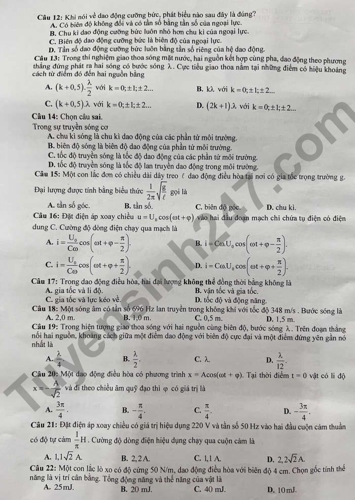 De giua ki 1 lop 12 mon Ly 2022 TH - THCS - THPT Le Thanh Tong
