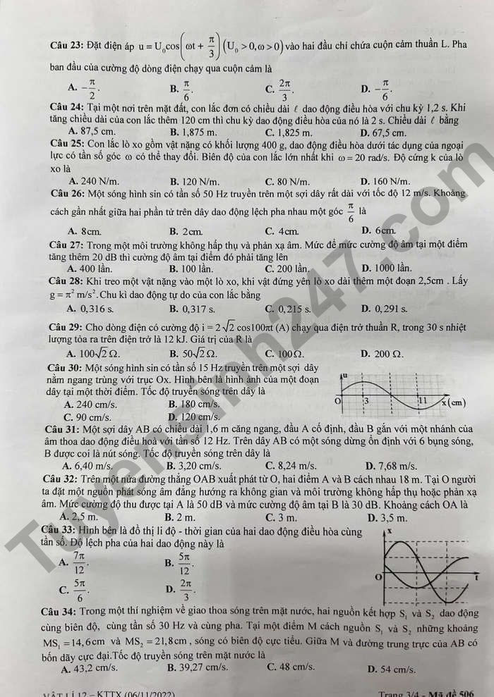 De giua ki 1 lop 12 mon Ly 2022 TH - THCS - THPT Le Thanh Tong
