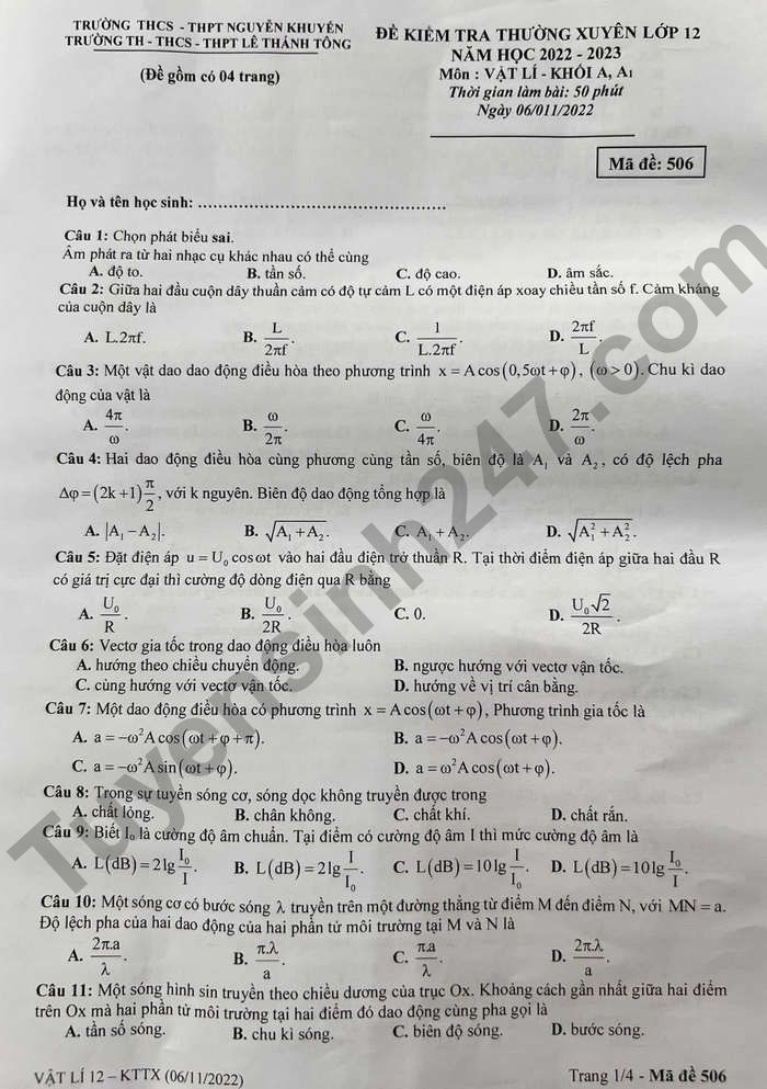 De giua ki 1 lop 12 mon Ly 2022 TH - THCS - THPT Le Thanh Tong