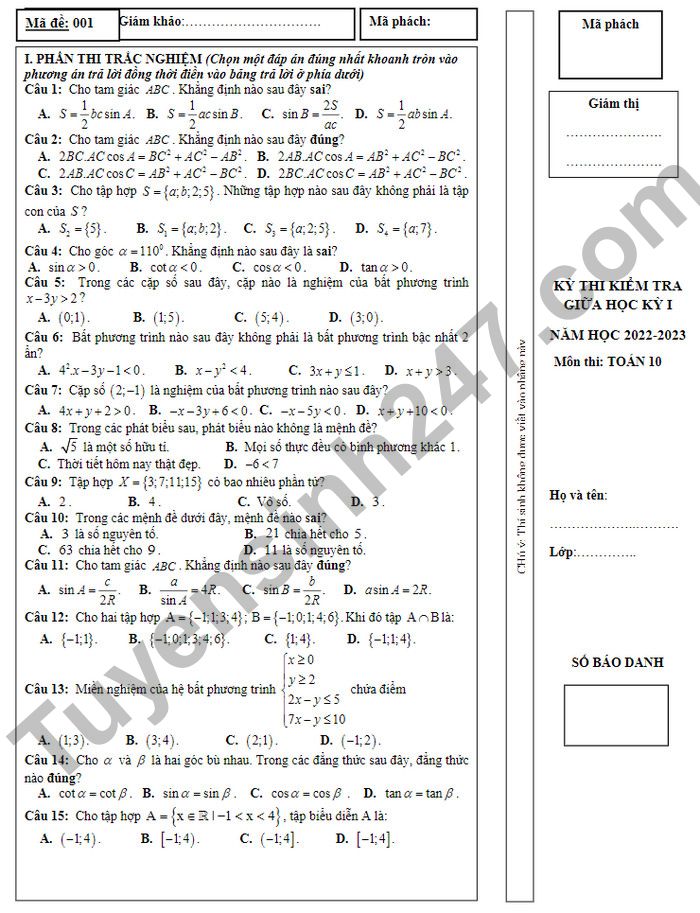 De kiem tra giua ki 1 mon Toan lop 10 - THPT Huong Khe 2022