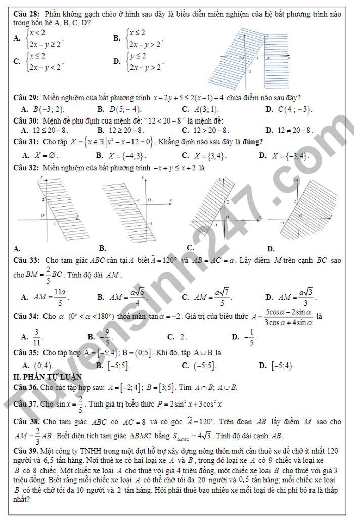 De kiem tra giua ki 1 mon Toan lop 10 - THPT Huong Khe 2022