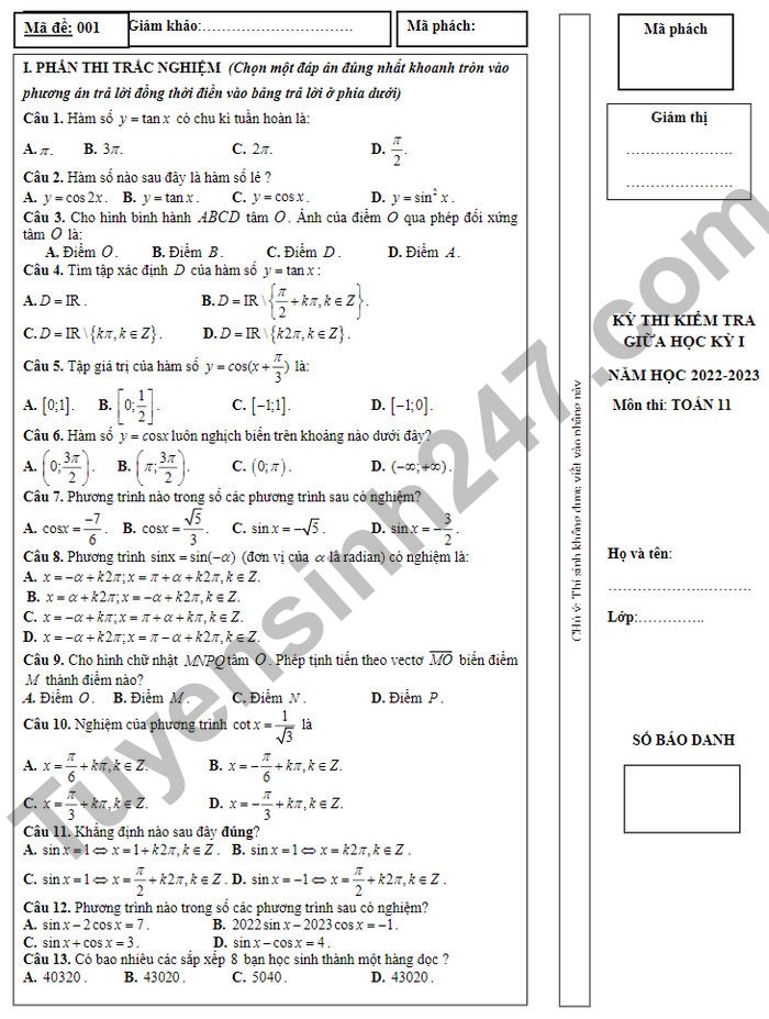 De giua ki 1 lop 11 mon Toan THPT Huong Khe 2022