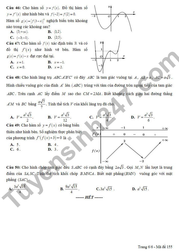 De thi GK 1 lop 12 mon Toan THPT Huong Khe 2022