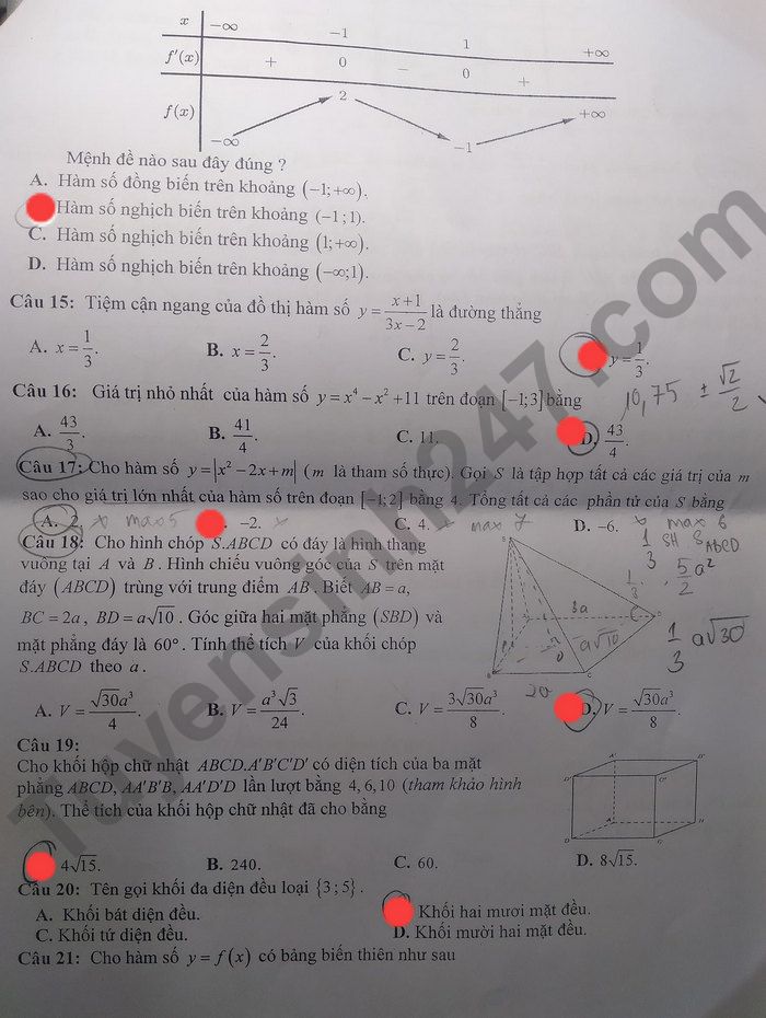 De kiem tra giua ki 1 lop 12 nam 2022 mon Toan THPT Pleiku (Co dap an)