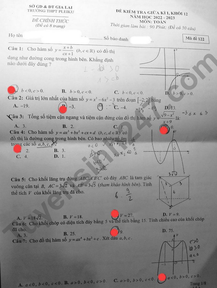 De kiem tra giua ki 1 lop 12 nam 2022 mon Toan THPT Pleiku (Co dap an)
