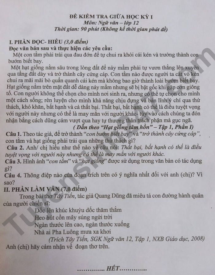 De thi GK 1 mon Van lop 12 GDTX Thanh Son 2022