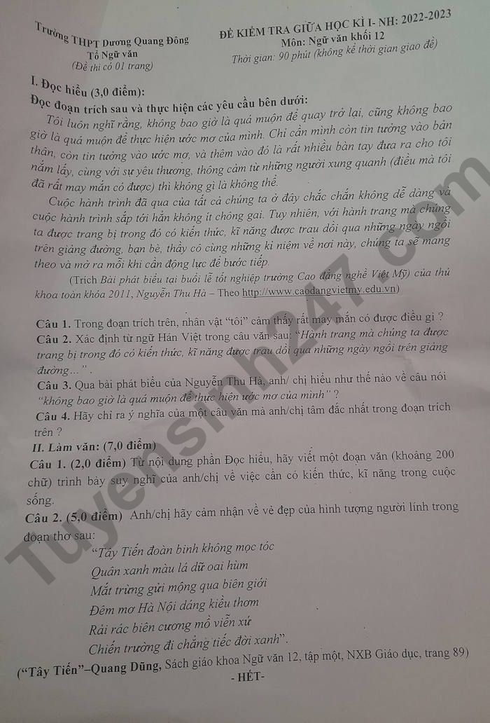 De thi giua ki 1 mon Van lop 12 THPT Duong Quang Dong 2022