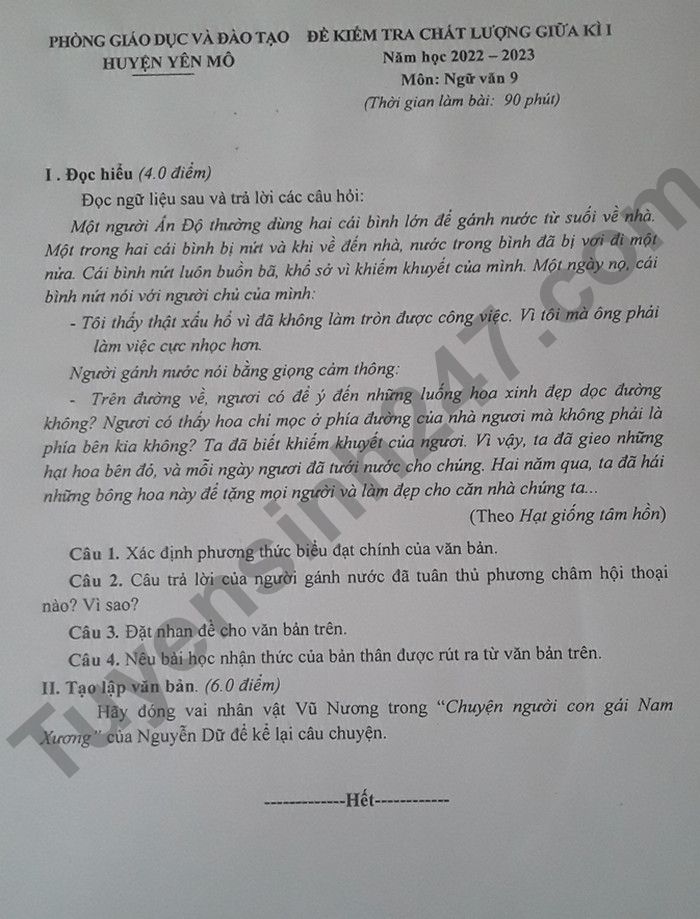 De giua ki 1 lop 9 Huyen Yen Mo mon Van 2022