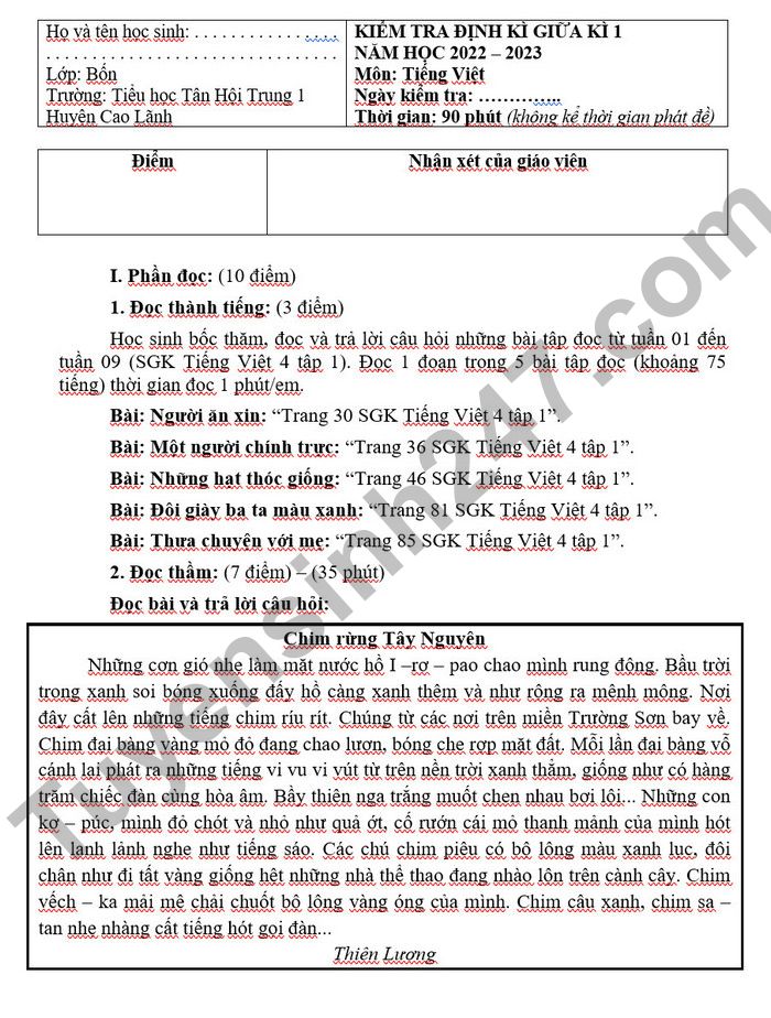 De kiem tra giua ki 1 lop 4 mon Tieng Viet 2022 TH Tan Hoi Trung 1 (Co dap an)