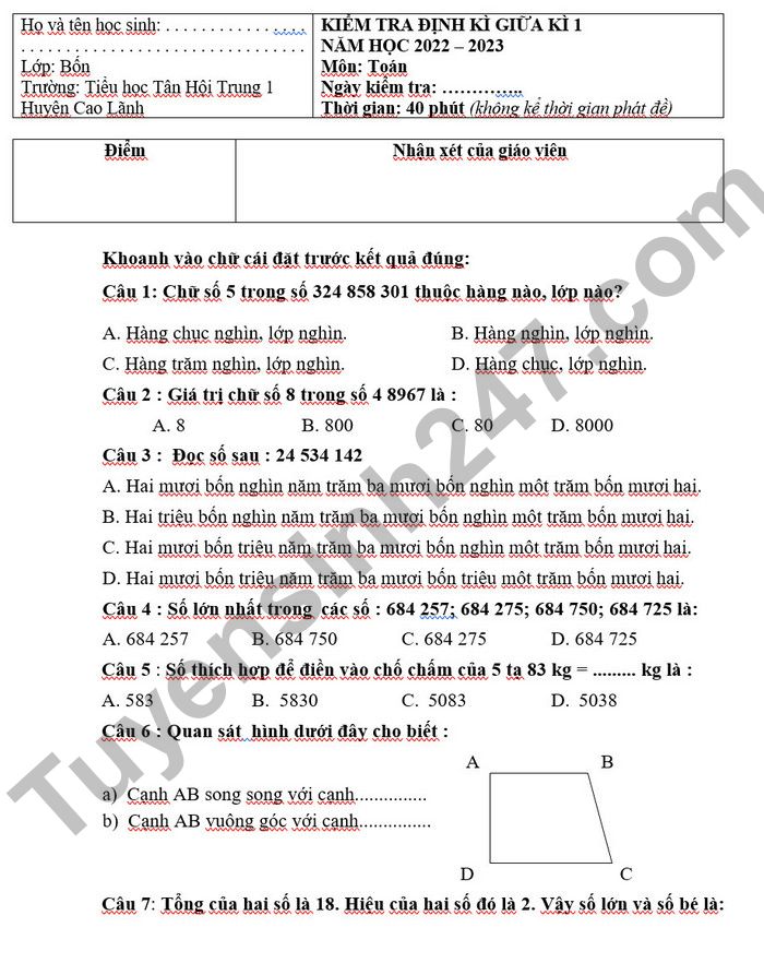 De thi giua ki 1 mon Toan lop 4 TH Tan Hoi Trung 1 2022 (Co dap an)
