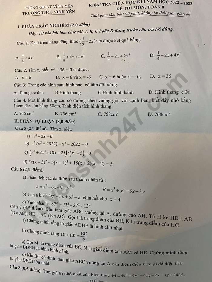 De giua ki 1 lop 8 nam 2022 mon Toan - THCS Vinh Yen