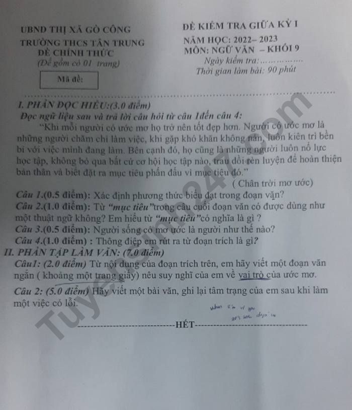 De kiem tra giua ki 1 lop 9 mon Ngu Van nam 2022 - THCS Tan Trung