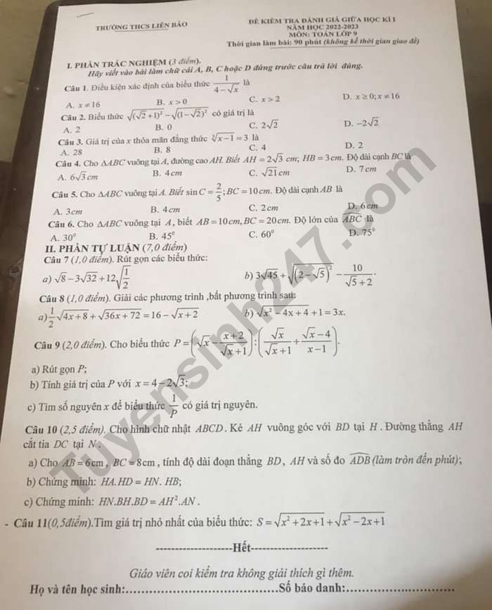 De kiem tra giua ki 1 lop 9 mon Toan nam 2022 - THCS Lien Bao