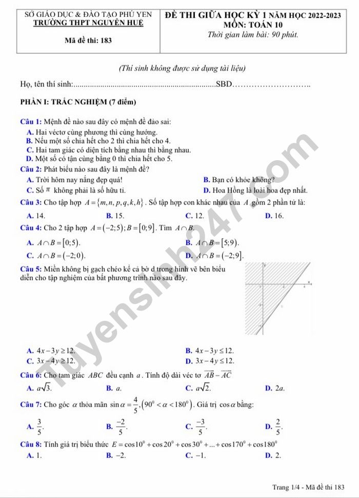 De thi giua ki 1 mon Toan lop 10 - THPT Nguyen Hue nam 2022