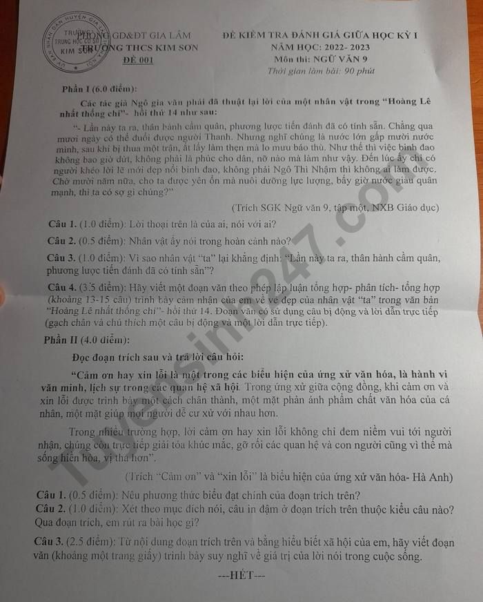 De thi giua ki 1 mon Ngu Van lop 9 - THCS Kim Son nam 2022