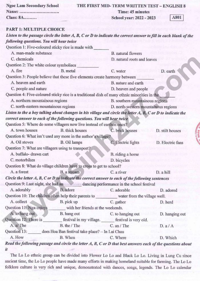 De thi giua ki 1 mon Anh lop 8 - THCS Ngoc Lam 2022
