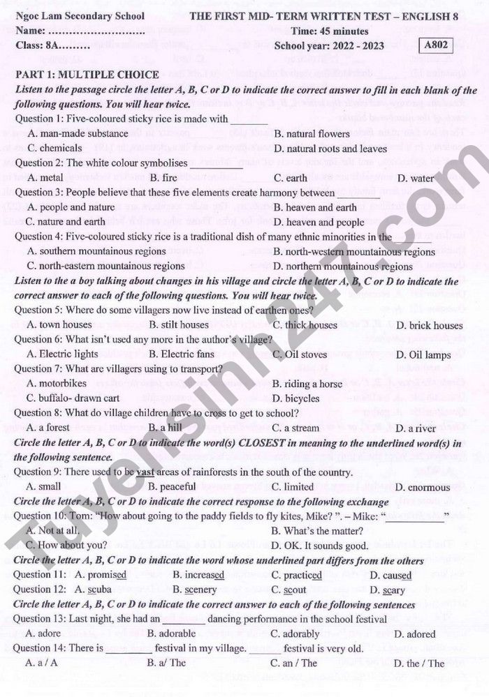 De thi giua ki 1 mon Anh lop 8 - THCS Ngoc Lam 2022