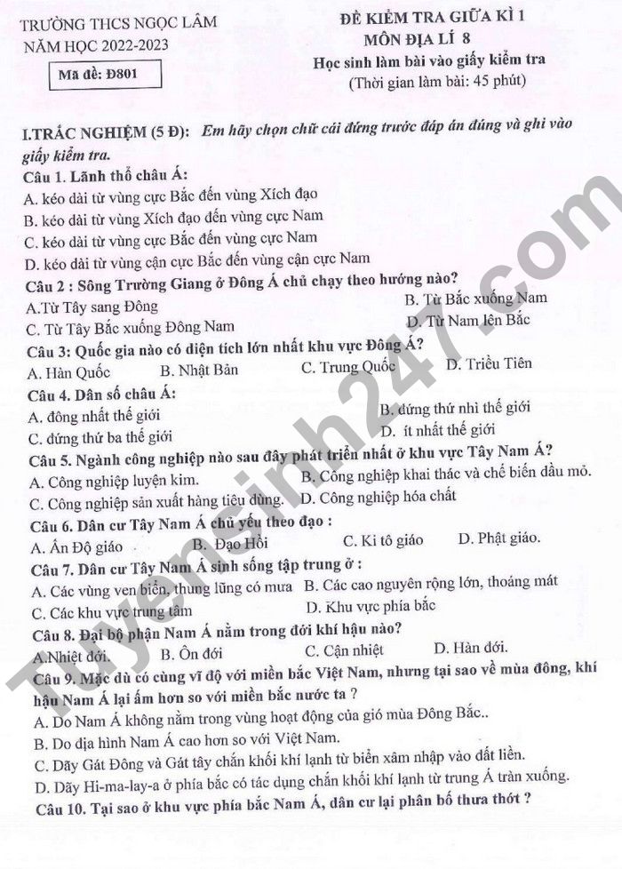De giua ki 1 mon Dia lop 8 THCS Ngoc Lam 2022