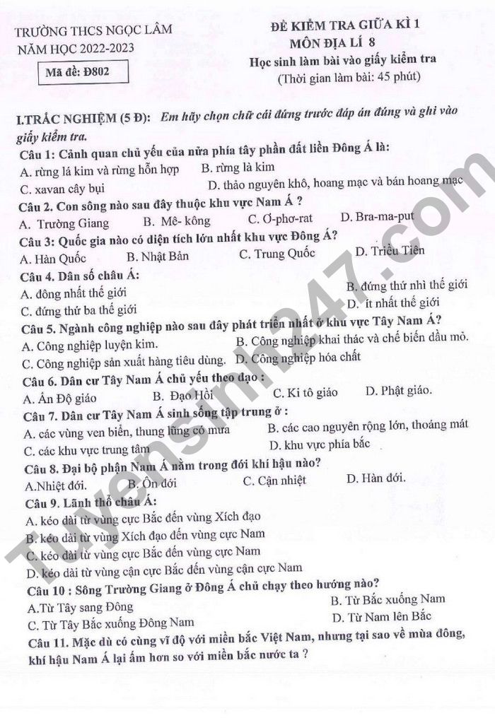 De giua ki 1 mon Dia lop 8 THCS Ngoc Lam 2022