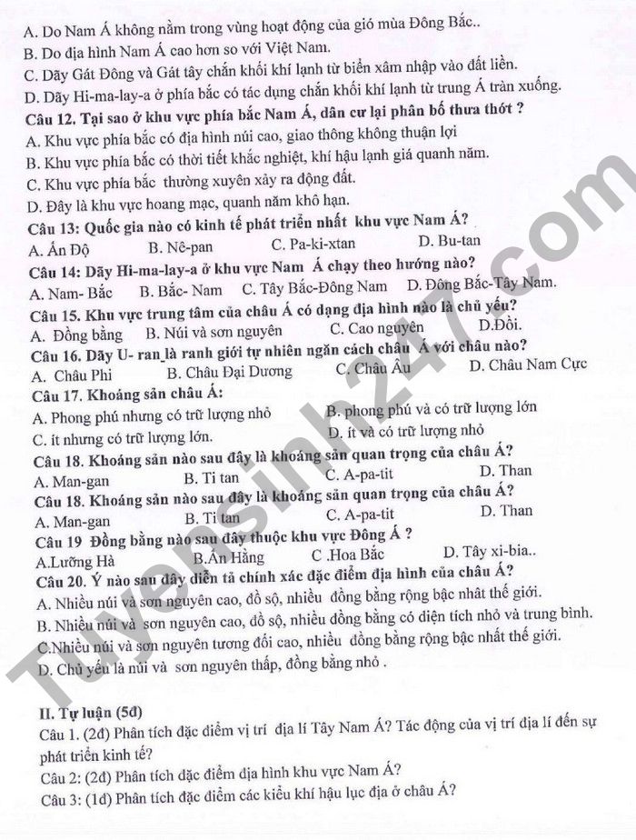 De giua ki 1 mon Dia lop 8 THCS Ngoc Lam 2022