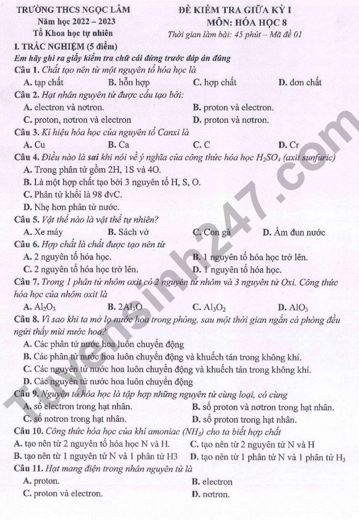 De kiem tra giua ki 1 mon Hoa lop 8 THCS Ngoc Lam 2022