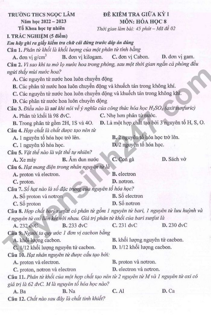 De kiem tra giua ki 1 mon Hoa lop 8 THCS Ngoc Lam 2022