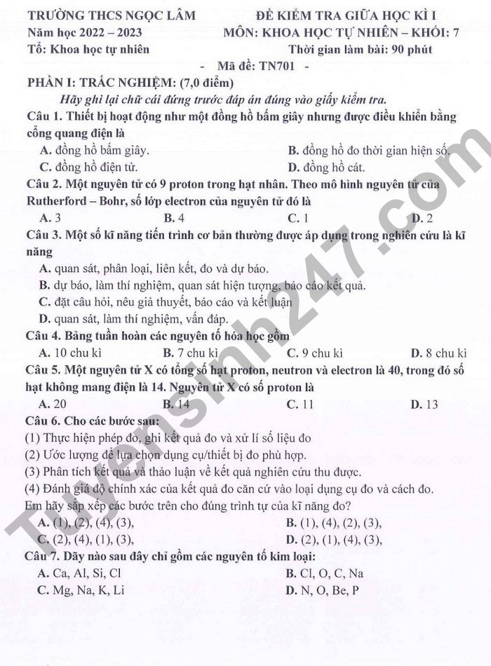 De kiem tra giua ki 1 lop 7 mon KHTN 2022 THCS Ngoc Lam