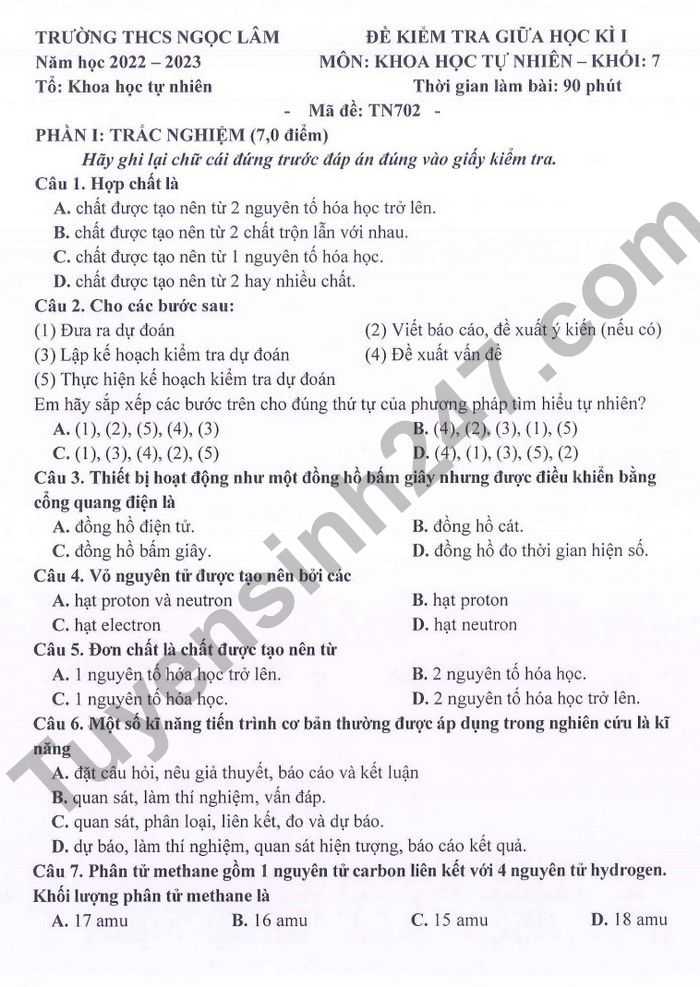 De kiem tra giua ki 1 lop 7 mon KHTN 2022 THCS Ngoc Lam