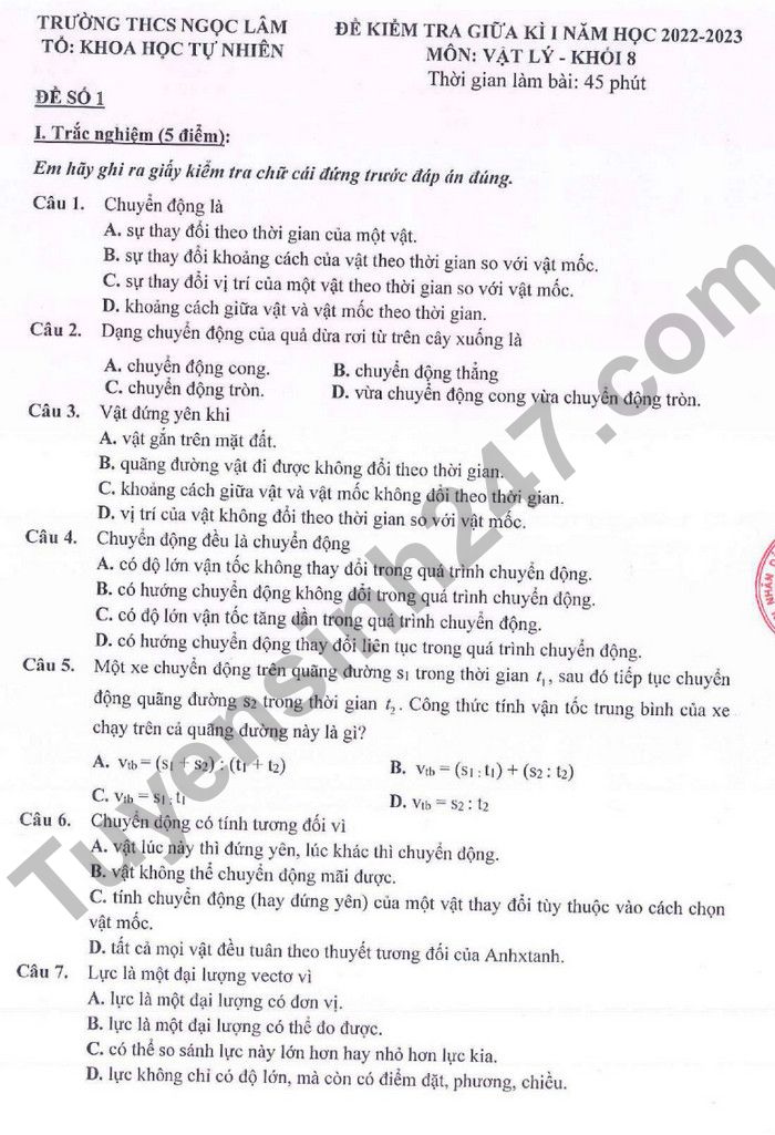 De thi GK 1 mon Ly lop 8 2022 THCS Ngoc Lam