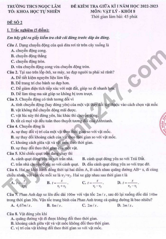 De thi GK 1 mon Ly lop 8 2022 THCS Ngoc Lam