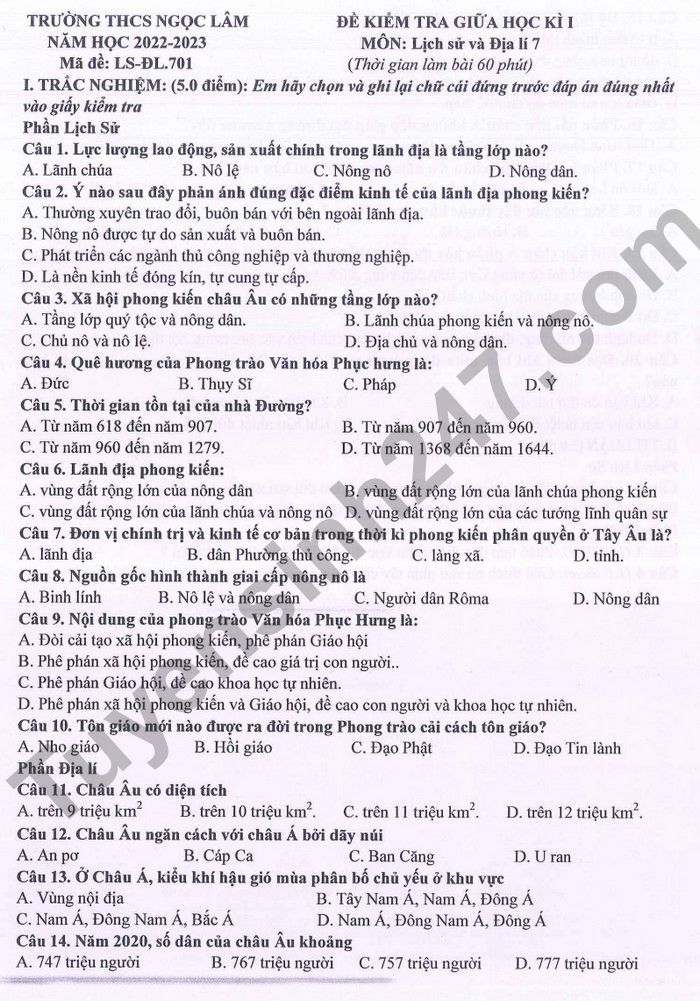 De thi GK 1 lop 7 nam 2022 mon Su Dia THCS Ngoc Lam