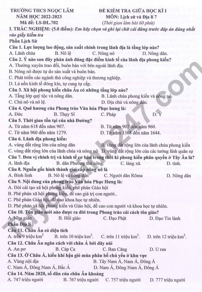 De thi GK 1 lop 7 nam 2022 mon Su Dia THCS Ngoc Lam