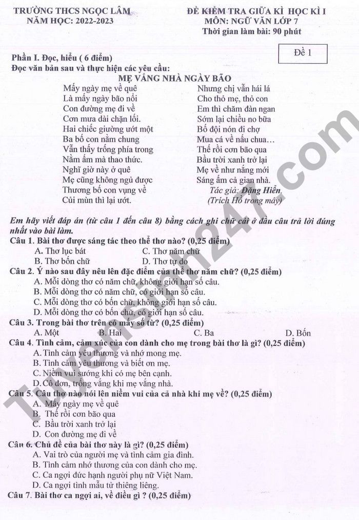 De kiem tra giua ki 1 lop 7 mon Van 2022 THCS Ngoc Lam