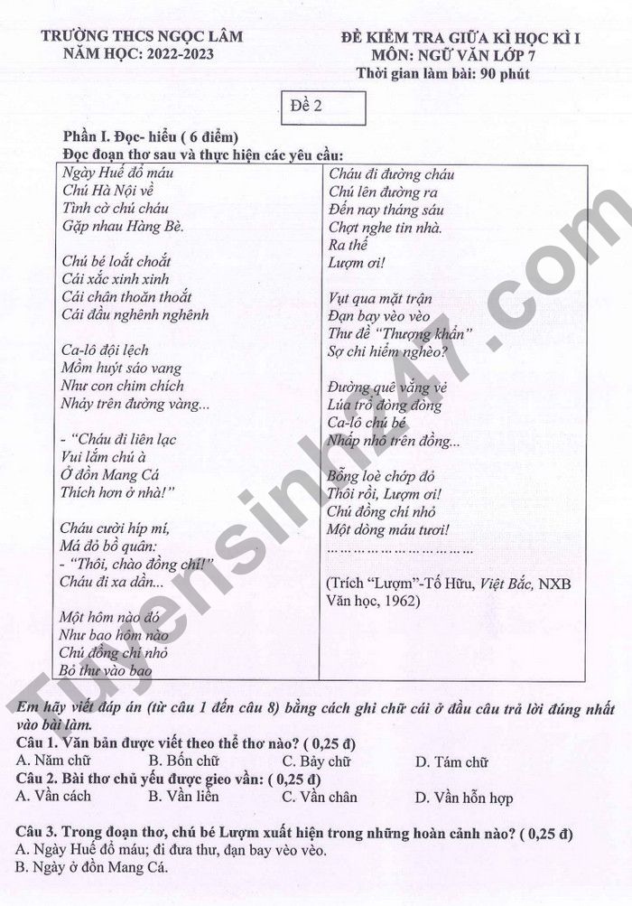 De kiem tra giua ki 1 lop 7 mon Van 2022 THCS Ngoc Lam