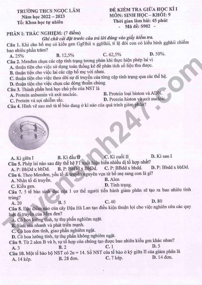 De thi giua ki 1 lop 9 mon Sinh 2022 THCS Ngoc Lam