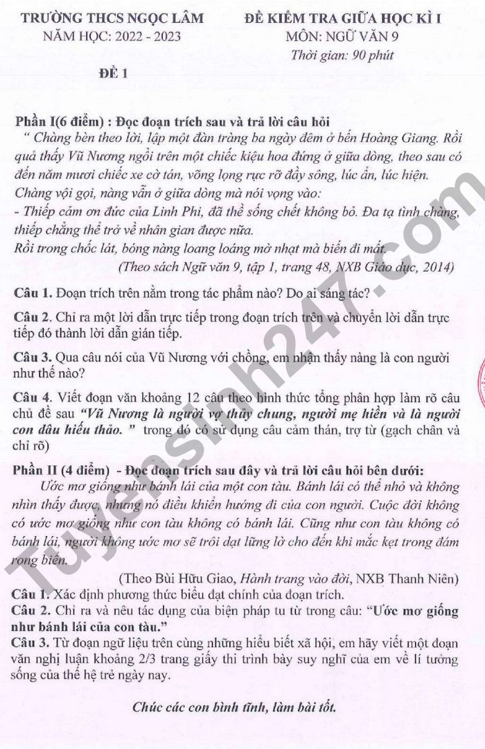 De thi giua ki 1 lop 9 2022 mon Van THCS Ngoc Lam
