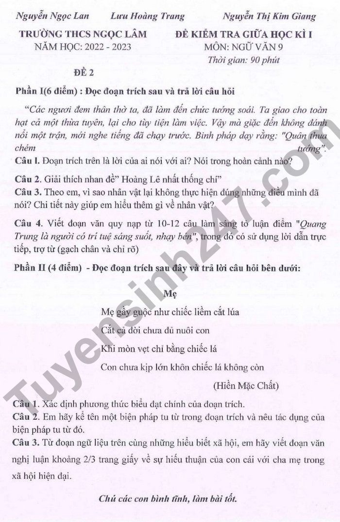 De thi giua ki 1 lop 9 2022 mon Van THCS Ngoc Lam