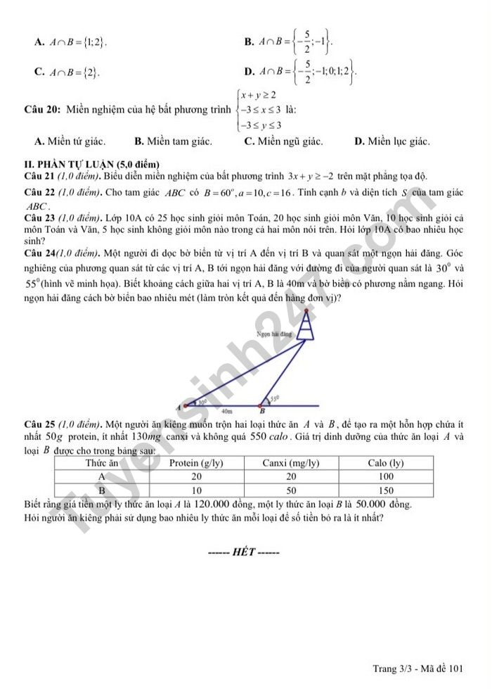 De giua ki 1 lop 10 nam 2022 mon Toan - THPT Huong Hoa (Co dap an)