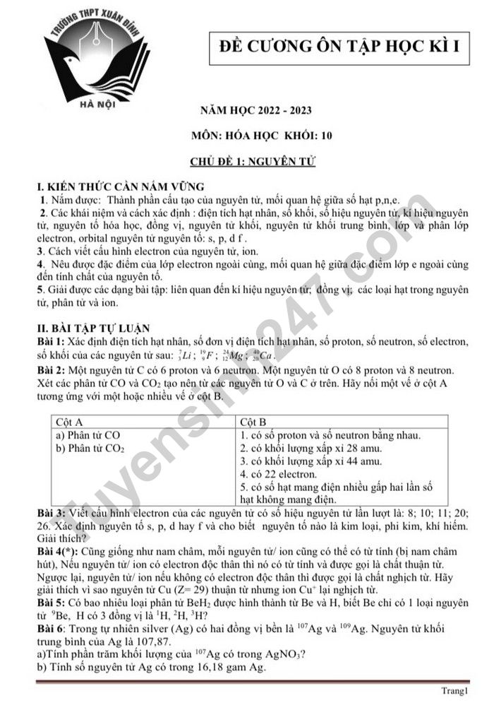 De cuong on tap hoc ki 1 mon Hoa lop 10 - THPT Xuan Dinh 2022