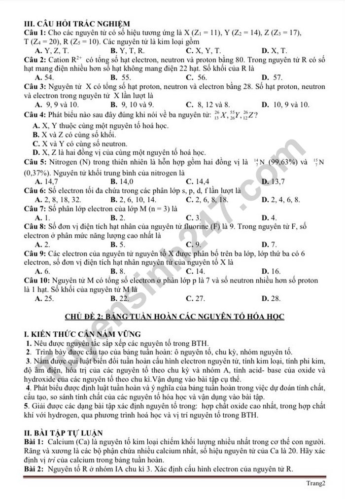 De cuong on tap hoc ki 1 mon Hoa lop 10 - THPT Xuan Dinh 2022