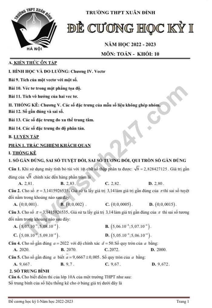 De cuong on tap hoc 1 lop 10 mon Toan nam 2022 - THPT Xuan Dinh