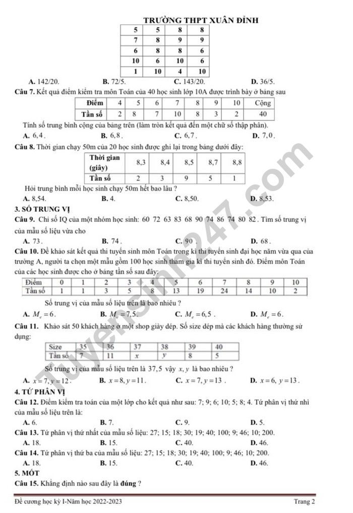 De cuong on tap hoc 1 lop 10 mon Toan nam 2022 - THPT Xuan Dinh
