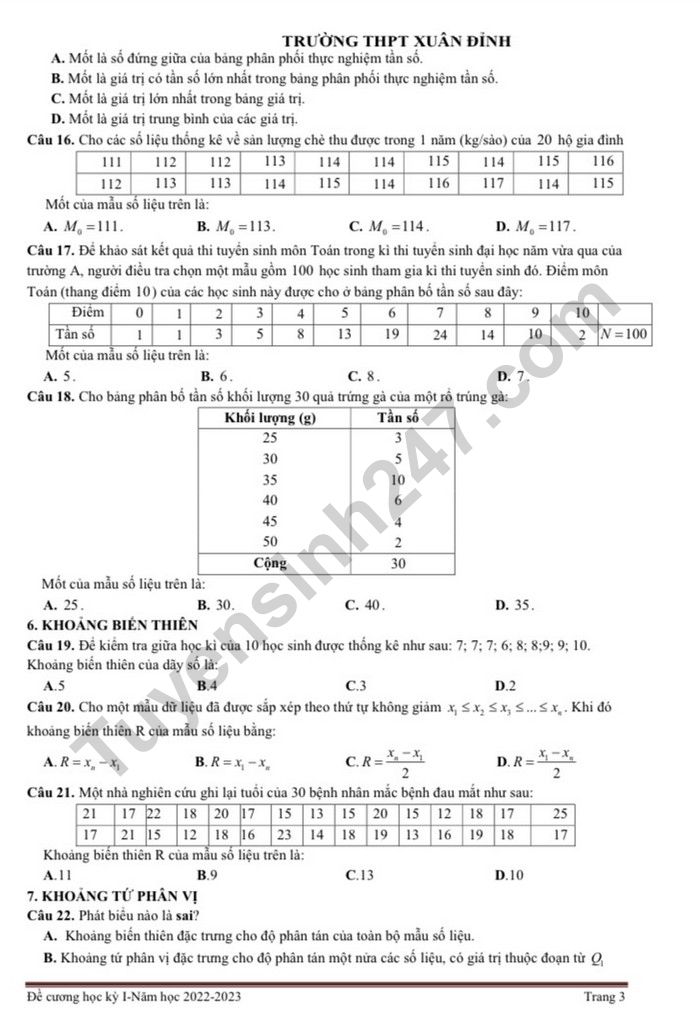 De cuong on tap hoc 1 lop 10 mon Toan nam 2022 - THPT Xuan Dinh