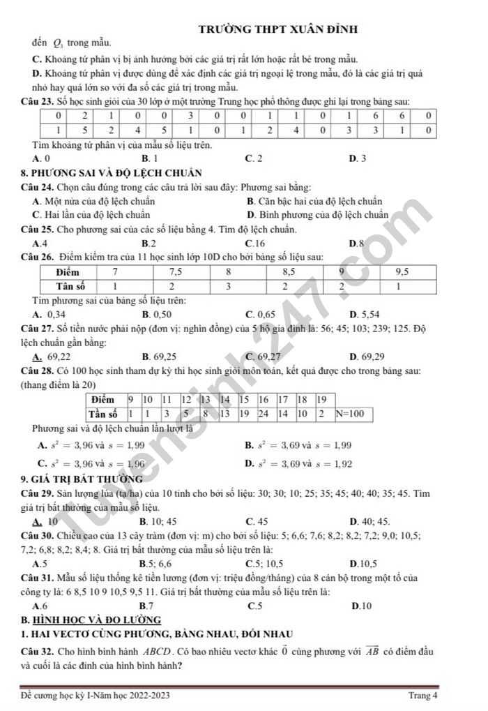De cuong on tap hoc 1 lop 10 mon Toan nam 2022 - THPT Xuan Dinh