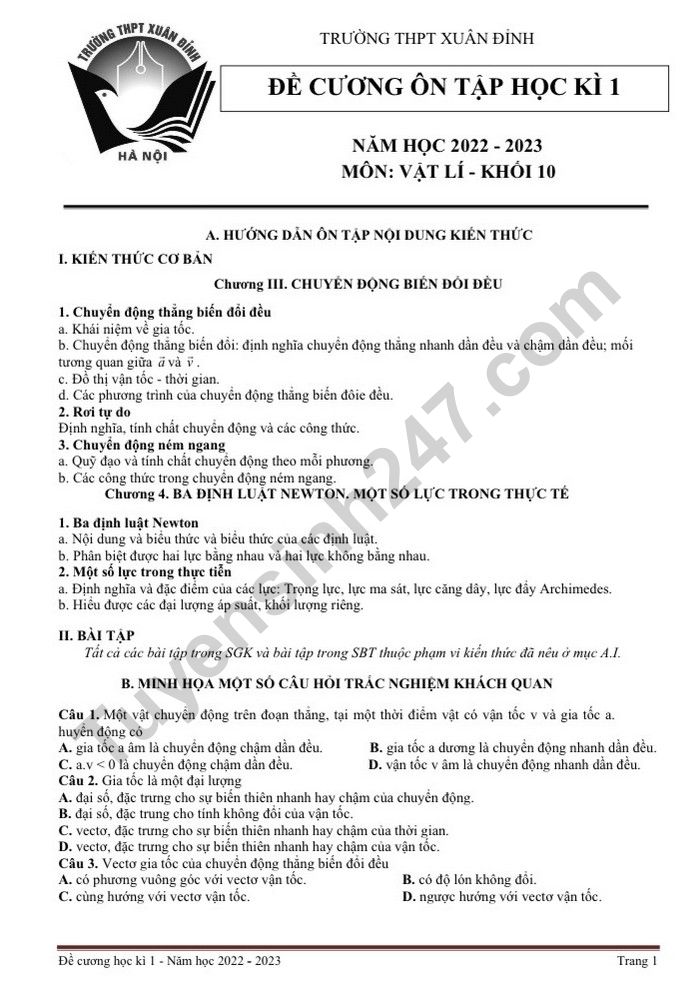 De cuong hoc ki 1 lop 10 mon Vat Ly nam 2022 - THPT Xuan Dinh