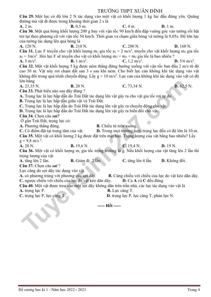 De cuong hoc ki 1 lop 10 mon Vat Ly nam 2022 - THPT Xuan Dinh