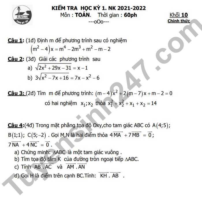 De thi ki 1 mon Toan lop 10 THPT Gia Dinh 2022 (Co dap an)