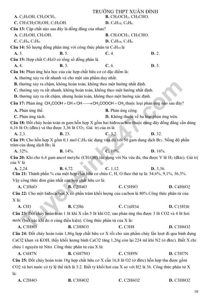 De cuong hoc ki 1 lop 11 nam 2022 mon Hoa - THPT Xuan Dinh